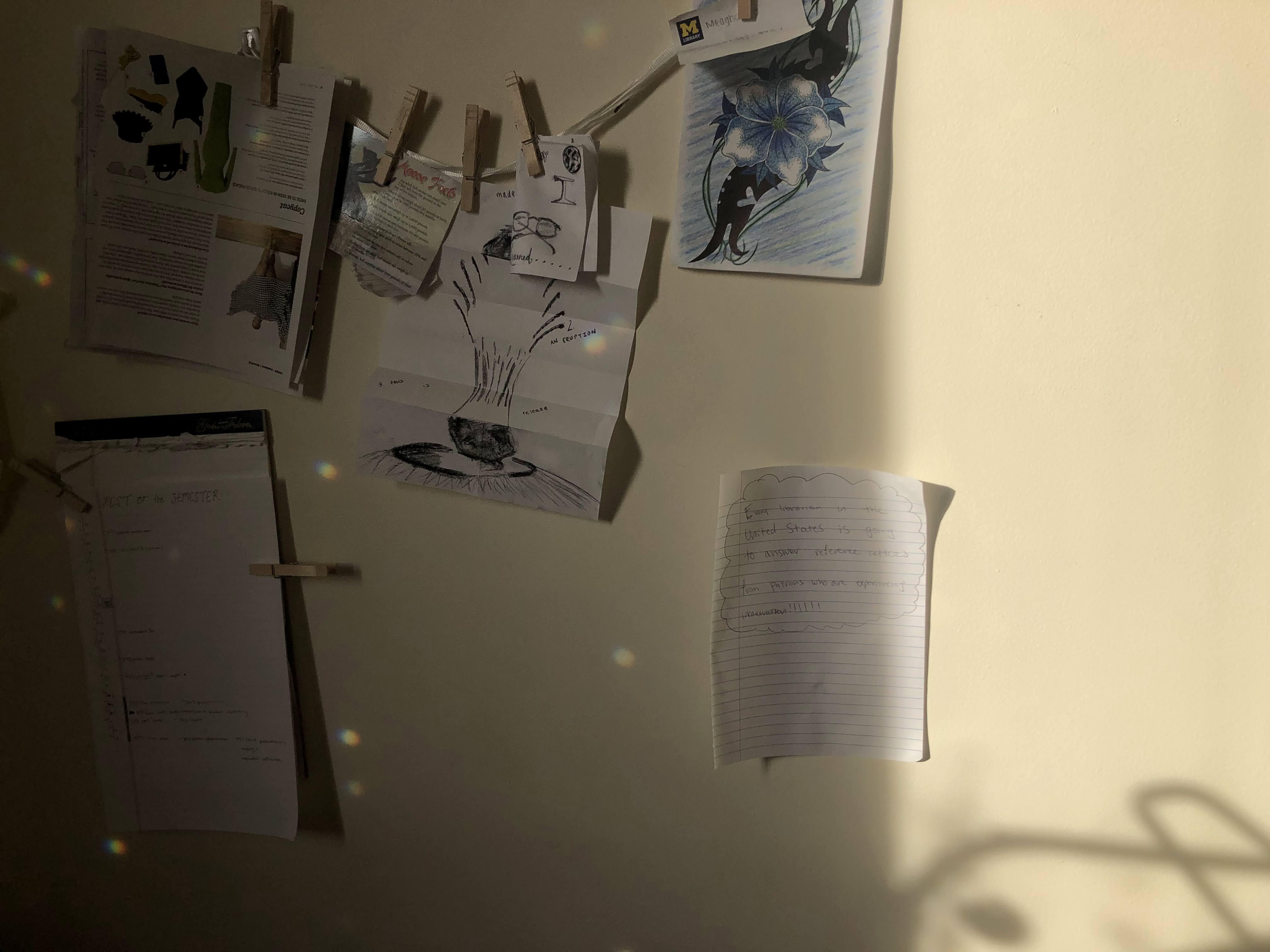 sunshine on a wall that has pictures on it